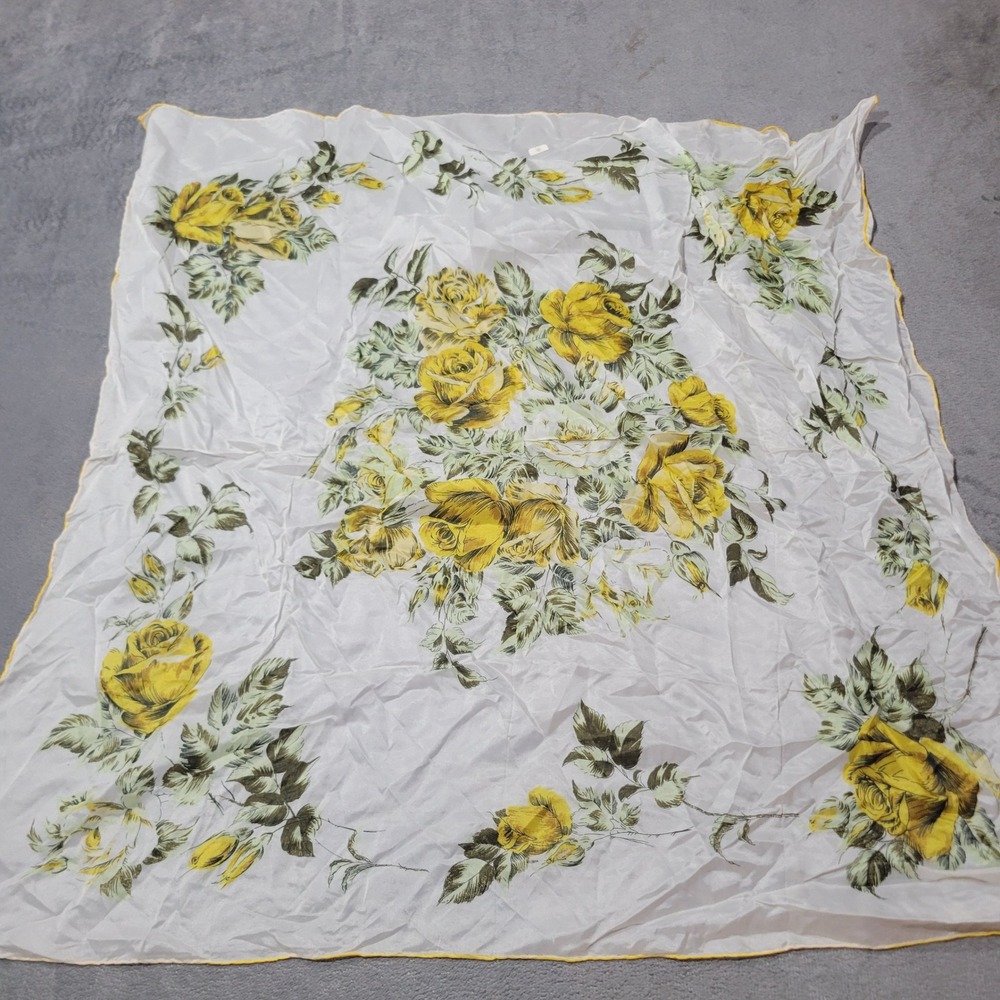 Vintage Scarf Women OS White Yellow Floral Rose Rayon Hand Rolled Japan 30x30